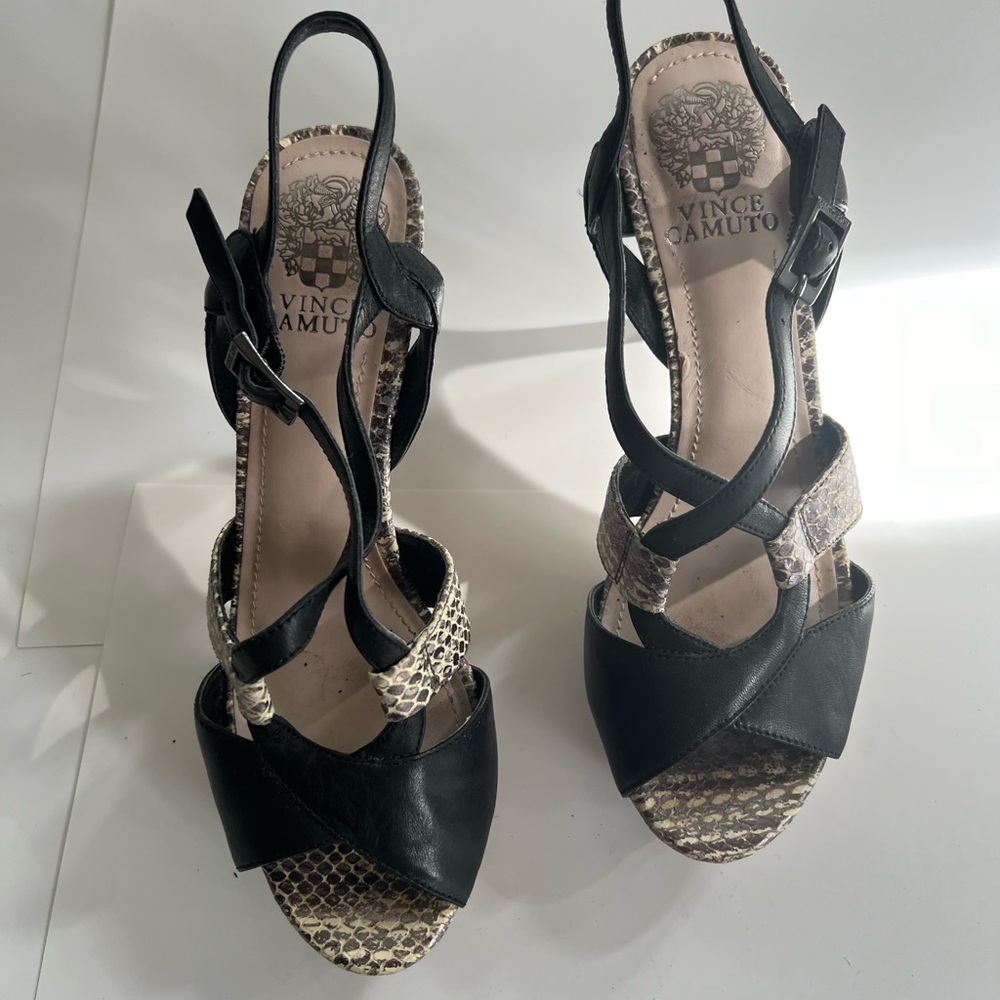 Vince Camuto Black and Tan Strappy Heels
